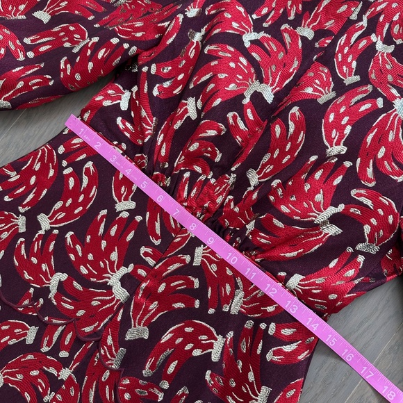 Farm Rio BOSSA Banana Metallic Midi Jacquard Dress Burgundy Red SMALL - w/ tags - Picture 6 of 8